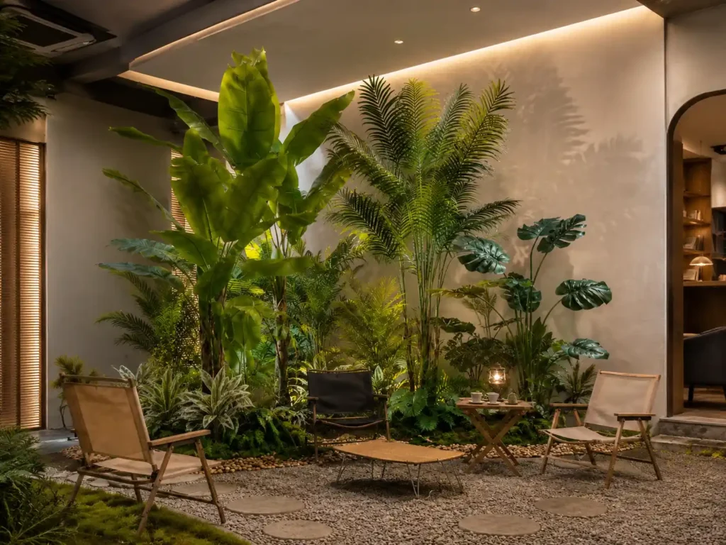 Custom artificial tropical greenery for restaurant and cafe interiors