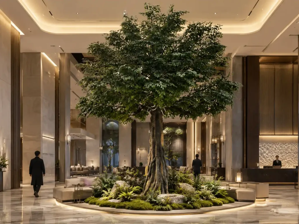 Large custom artificial statement tree for atrium and high ceiling interiors